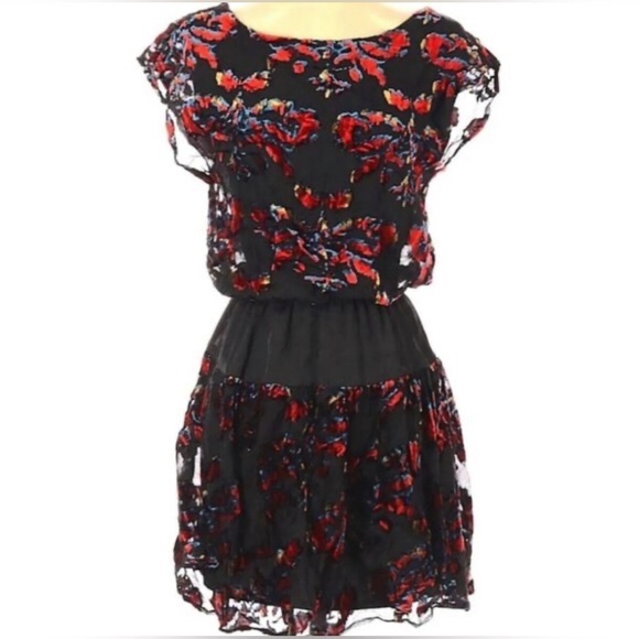 Potter’s Pot Black With Red Flowers Burnout Velvet Dress Large